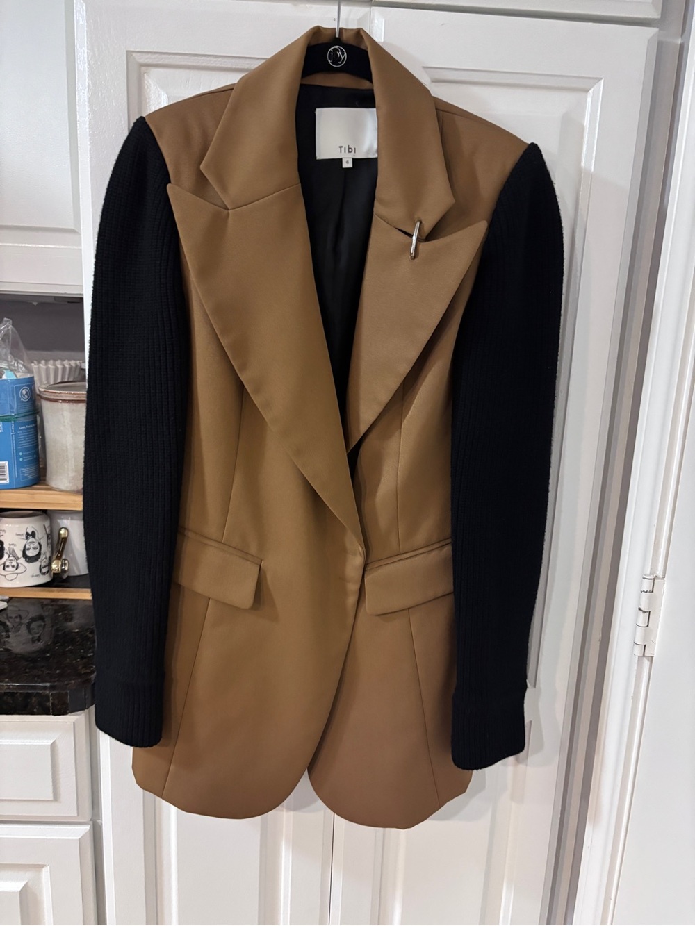 Tibi Two-Tone Tan Blazer Coat with Black Knit Sleeves